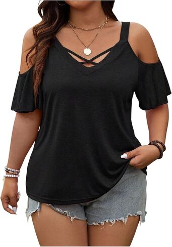 Women's Plus Size Cold Shoulder Deep V Neck T Shirts Criss Cross Short Sleeve Going Out Tops in Kuwait