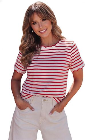 LALAGEN Womens Summer Tops Red Stripe Scalloped Trim Round Neck T Shirt in Saudi Arabia