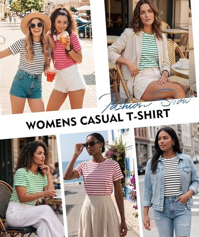 LALAGEN Womens Summer Tops Red Stripe Scalloped Trim Round Neck T Shirt in Saudi Arabia