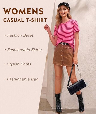 LALAGEN Womens Summer Tops Red Stripe Scalloped Trim Round Neck T Shirt in Saudi Arabia