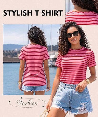LALAGEN Womens Summer Tops Red Stripe Scalloped Trim Round Neck T Shirt in Saudi Arabia