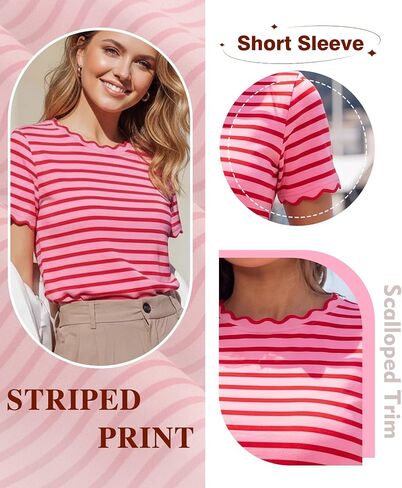 LALAGEN Womens Summer Tops Red Stripe Scalloped Trim Round Neck T Shirt in Saudi Arabia