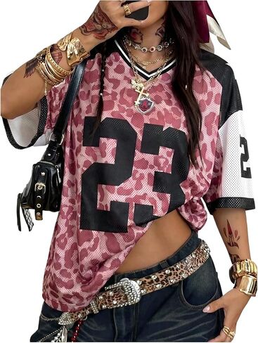 BEAUDRM Women's Plus Size Leopard Jersey Shirts Y2k Mesh Number Graphic V Neck Short Sleeve Cheetah Sports Oversized Tops in Saudi Arabia