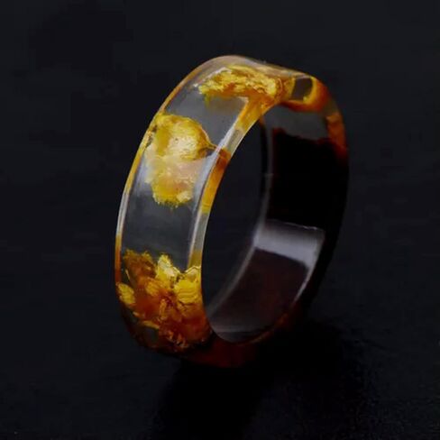Handmade Wooden Resin Plant Ring Nature Flower Grass Ring Wood Ring Gift-Pink-7 in Kuwait