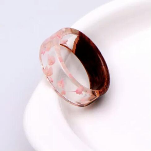 Handmade Wooden Resin Plant Ring Nature Flower Grass Ring Wood Ring Gift-Pink-7 in Kuwait