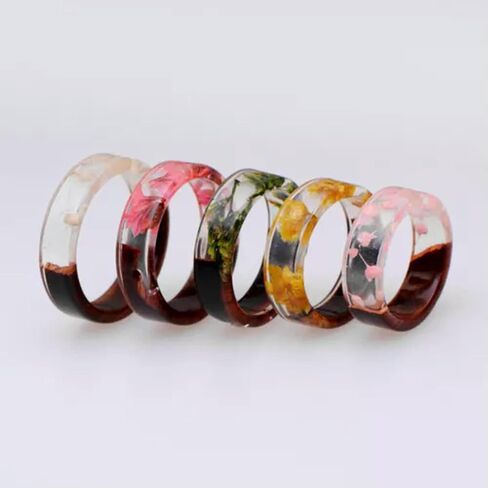 Handmade Wooden Resin Plant Ring Nature Flower Grass Ring Wood Ring Gift-Pink-7 in Kuwait