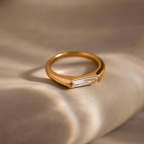 CAITLYNMINIMALIST CZ Diamond Baguette Signet Rings for Women, Stackable Gemstone Gold Ring Bands, Minimalist 18K Gold Plated Silver Jewelry, Gift for Her in Saudi Arabia