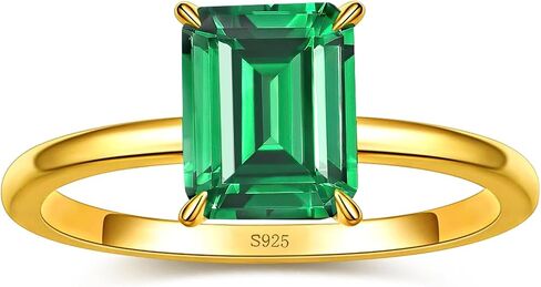 Yaresul 4ct 8x10mm Emerald-Cut Class Gemstone Birthstone Simulated Emerald Solitaire Engagement Rings for Women Gift for Mothers, Grandma Thanksgiving Day 14K Gold plated 925 Sterling Silver Size 5-10 in Saudi Arabia