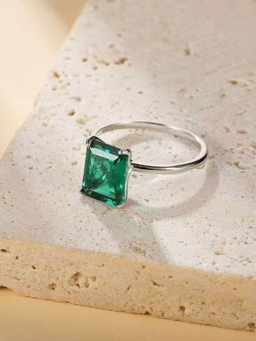 Yaresul 4ct 8x10mm Emerald-Cut Class Gemstone Birthstone Simulated Emerald Solitaire Engagement Rings for Women Gift for Mothers, Grandma Thanksgiving Day 14K Gold plated 925 Sterling Silver Size 5-10 in Saudi Arabia