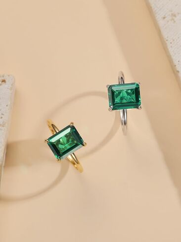 Yaresul 4ct 8x10mm Emerald-Cut Class Gemstone Birthstone Simulated Emerald Solitaire Engagement Rings for Women Gift for Mothers, Grandma Thanksgiving Day 14K Gold plated 925 Sterling Silver Size 5-10 in Saudi Arabia