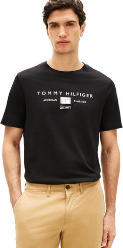 Tommy Hilfiger Men's Short Sleeve Cotton Graphic T-Shirts with Printed Stacked Chest Graphic, Also Available in Big and Tall in Kuwait