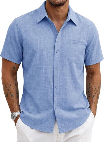 MAGCOMSEN Men's Short Sleeve Shirts Summer Button Down Casual Shirts Beach Vacation Wedding Shirt with Pocket in Kuwait