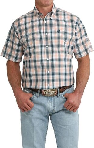 Cinch Men's Coral Plaid Short Sleeve Shirt in Kuwait