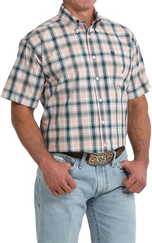 Cinch Men's Coral Plaid Short Sleeve Shirt in Kuwait