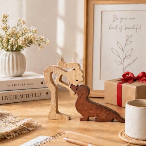 Novabright Cute Girl and Dachshund Dog Statue Decor, Handcrafted Wood Dachshund Figurines Memorial Gifts for Women, Wooden Carving Pet Loss Sympathy Gift for Desk Office Home Decor Housewarming in Saudi Arabia