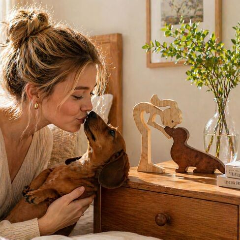 Novabright Cute Girl and Dachshund Dog Statue Decor, Handcrafted Wood Dachshund Figurines Memorial Gifts for Women, Wooden Carving Pet Loss Sympathy Gift for Desk Office Home Decor Housewarming in Saudi Arabia