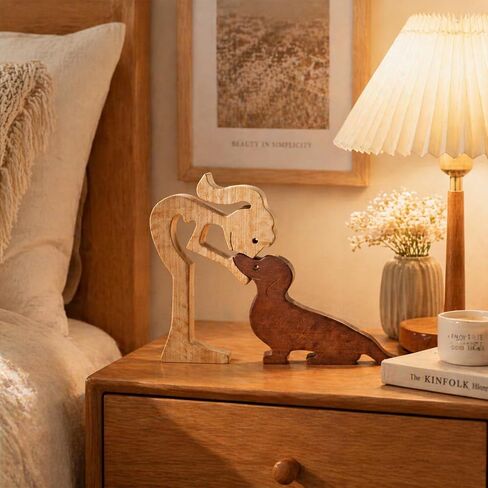 Novabright Cute Girl and Dachshund Dog Statue Decor, Handcrafted Wood Dachshund Figurines Memorial Gifts for Women, Wooden Carving Pet Loss Sympathy Gift for Desk Office Home Decor Housewarming in Saudi Arabia