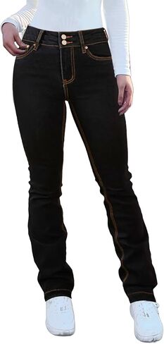 بنطال جينز Flamingals Bootcut للنساء بخصر عالٍ لرفع المؤخرة وأزرار مزدوجة بنطال جينز ضيق مستقيم الساق عصري من قماش الدنيم باللون الأسود مقاس M in Kuwait