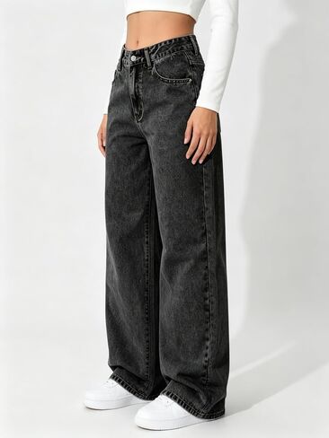 Wide Leg Jeans for Women High Waisted Baggy Denim Pants Casual Loose Fit Straight Leg Long Denim Trousers with Pockets in Kuwait