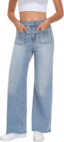 MARIASHA Wide Leg Jeans for Women, High Waist Stretchy Baggy Jeans, Blue Washed Denim Pants with Dual Pockets in Saudi Arabia