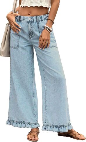 Plus Size Women's Wide Leg Denim Pants, Light Blue, Elastic Waist, Ruffle Hem, Casual Palazzo Jeans with Pockets in Kuwait