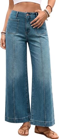 EMMIOL Cropped Wide Leg Jeans for Women High Waisted Front Seamed Stretchy Baggy Denim Pants Patchwork Pockets Trousers in Kuwait