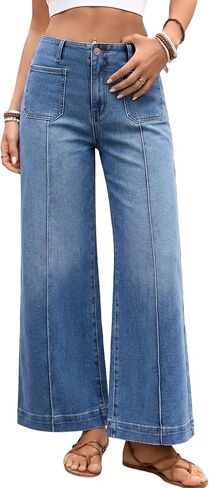 EMMIOL Cropped Wide Leg Jeans for Women High Waisted Front Seamed Stretchy Baggy Denim Pants Patchwork Pockets Trousers in Saudi Arabia