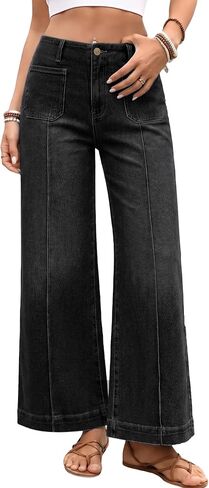 EMMIOL Cropped Wide Leg Jeans for Women High Waisted Front Seamed Stretchy Baggy Denim Pants Patchwork Pockets Trousers in Saudi Arabia