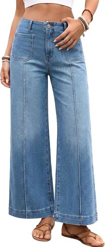 EMMIOL Cropped Wide Leg Jeans for Women High Waisted Front Seamed Stretchy Baggy Denim Pants Patchwork Pockets Trousers in Saudi Arabia