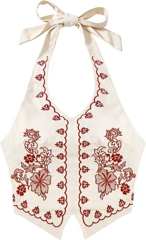 Women's Boho Halter Tops Embroidered Floral Tie Backless Western Crop Top Summer Vacation Going Out Festival Outfit in Saudi Arabia