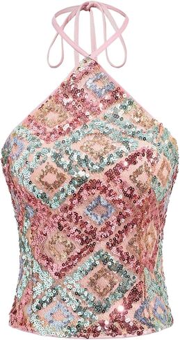 BEAUDRM Women's Sequin Halter Top Sexy Sparkly Tie Backless Sleeveless Coquette Crop Tops Rave Outfit in Saudi Arabia