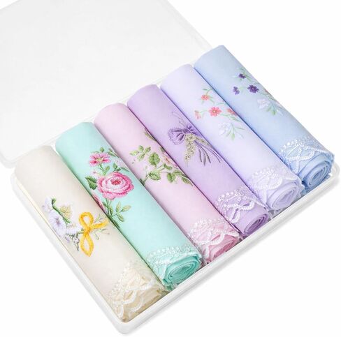 6 Pcs Womens Handkerchiefs Cotton Ladies Handkerchiefs Vintage Floral Embroidered Handkerchief with Lace Edge for Tea Party Favors Wedding Decorations in Saudi Arabia