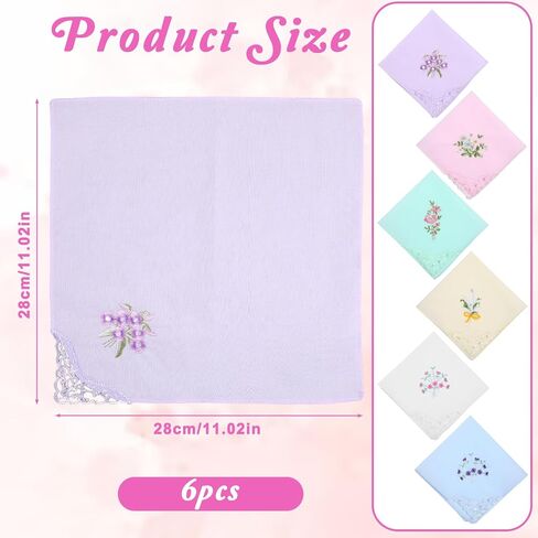 6 Pcs Womens Handkerchiefs Cotton Ladies Handkerchiefs Vintage Floral Embroidered Handkerchief with Lace Edge for Tea Party Favors Wedding Decorations in Saudi Arabia