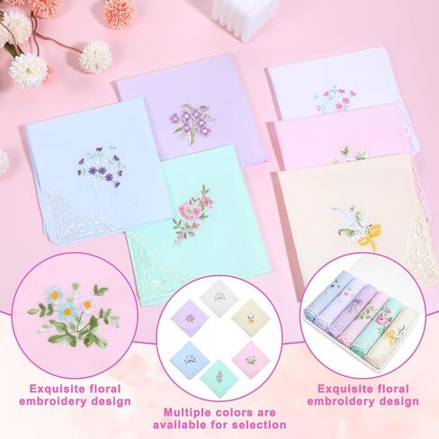 6 Pcs Womens Handkerchiefs Cotton Ladies Handkerchiefs Vintage Floral Embroidered Handkerchief with Lace Edge for Tea Party Favors Wedding Decorations in Saudi Arabia