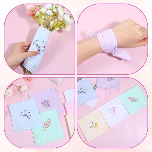 6 Pcs Womens Handkerchiefs Cotton Ladies Handkerchiefs Vintage Floral Embroidered Handkerchief with Lace Edge for Tea Party Favors Wedding Decorations in Saudi Arabia