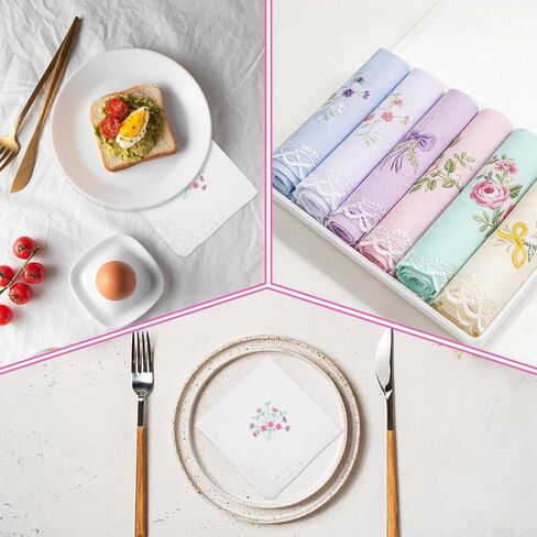6 Pcs Womens Handkerchiefs Cotton Ladies Handkerchiefs Vintage Floral Embroidered Handkerchief with Lace Edge for Tea Party Favors Wedding Decorations in Saudi Arabia