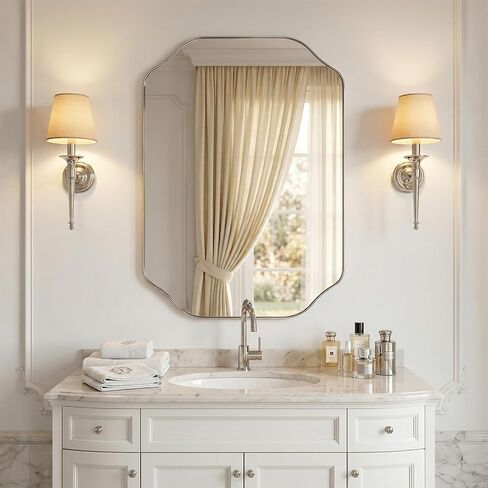 24x36 Inch Bathroom Mirror, Brushed Nickel Scalloped Wall Vanity Mirror Anti-Rust Stainless Steel 0.8" Frame Wall Mounts Horizontally or Vertically in Saudi Arabia