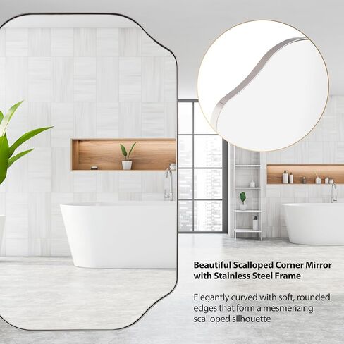 24x36 Inch Bathroom Mirror, Brushed Nickel Scalloped Wall Vanity Mirror Anti-Rust Stainless Steel 0.8" Frame Wall Mounts Horizontally or Vertically in Saudi Arabia