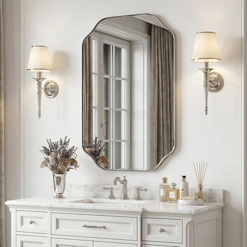 24x36 Inch Bathroom Mirror, Brushed Nickel Scalloped Wall Vanity Mirror Anti-Rust Stainless Steel 0.8" Frame Wall Mounts Horizontally or Vertically in Saudi Arabia