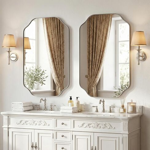 24x36 Inch Bathroom Mirror, Brushed Nickel Scalloped Wall Vanity Mirror Anti-Rust Stainless Steel 0.8" Frame Wall Mounts Horizontally or Vertically in Saudi Arabia