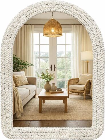30" x 40" Arched Wall Mirror, Handwoven Natural Corn Husk Fiber with Light Whitewashed Finish, Warm Boho Coastal Style for Entryway, Bedroom, Living Room, Vertical Hanging in Saudi Arabia