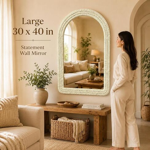 30" x 40" Arched Wall Mirror, Handwoven Natural Corn Husk Fiber with Light Whitewashed Finish, Warm Boho Coastal Style for Entryway, Bedroom, Living Room, Vertical Hanging in Saudi Arabia