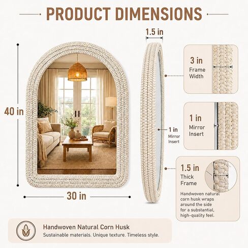30" x 40" Arched Wall Mirror, Handwoven Natural Corn Husk Fiber with Light Whitewashed Finish, Warm Boho Coastal Style for Entryway, Bedroom, Living Room, Vertical Hanging in Saudi Arabia