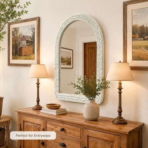 30" x 40" Arched Wall Mirror, Handwoven Natural Corn Husk Fiber with Light Whitewashed Finish, Warm Boho Coastal Style for Entryway, Bedroom, Living Room, Vertical Hanging in Saudi Arabia