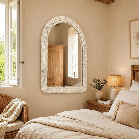 30" x 40" Arched Wall Mirror, Handwoven Natural Corn Husk Fiber with Light Whitewashed Finish, Warm Boho Coastal Style for Entryway, Bedroom, Living Room, Vertical Hanging in Saudi Arabia