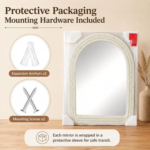 30" x 40" Arched Wall Mirror, Handwoven Natural Corn Husk Fiber with Light Whitewashed Finish, Warm Boho Coastal Style for Entryway, Bedroom, Living Room, Vertical Hanging in Saudi Arabia