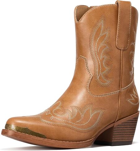 Rollda Cowboy Boots for Women, Short Cowgirl Booties with Side Zipper & Metal Tip, Ladies Ankle Western Boots Retro Vintage Snip Toe Chunky Heel in Saudi Arabia