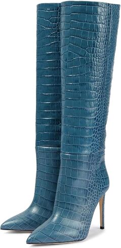 Women's Fashion Crocodile High Stiletto Heel Knee High Boots 3.94inch/10cm Pointed Closed Toe Pull On High Heel Long Boots Fall Winter Dressy Tall Boots for Women in Saudi Arabia