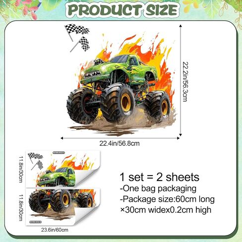 3D Broken Wall Monster Truck Wall Decals, Flame Monster Truck with Checkered Flags Bursting Wall Stickers, Removable Peel and Stick Vinyl Wall Art for Kids Bedroom Nursery Playroom Wall Decor in Kuwait