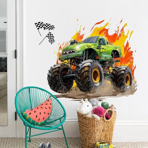 3D Broken Wall Monster Truck Wall Decals, Flame Monster Truck with Checkered Flags Bursting Wall Stickers, Removable Peel and Stick Vinyl Wall Art for Kids Bedroom Nursery Playroom Wall Decor in Kuwait